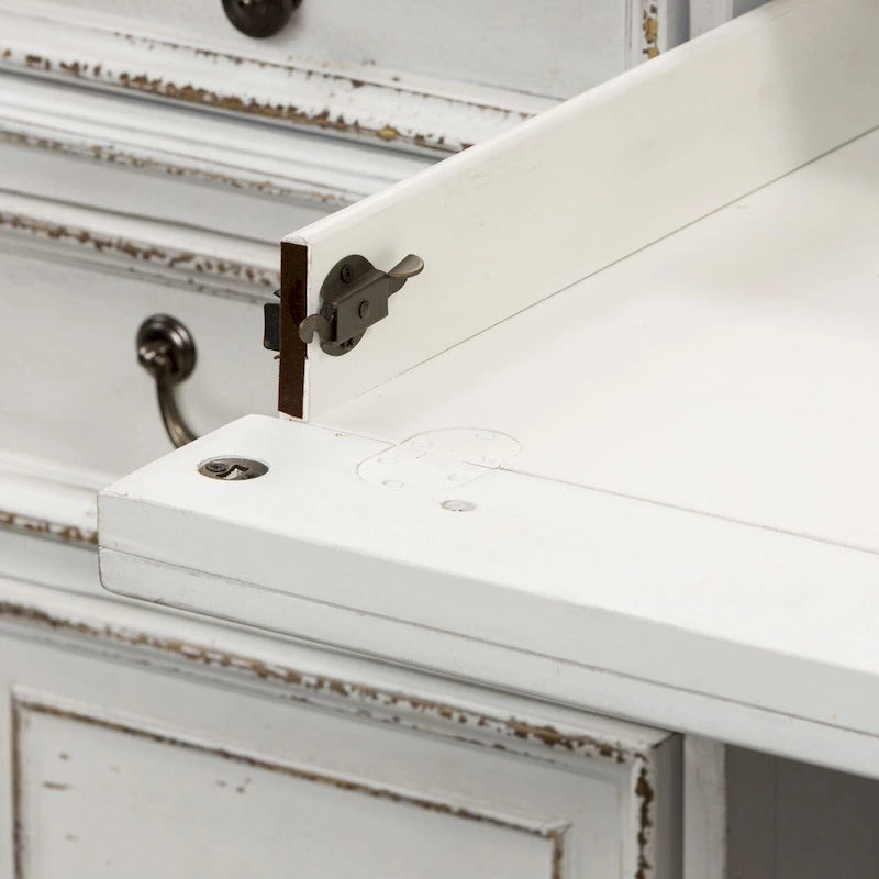 Bureau de direction antique blanc vieilli avec tiroirs et tablette coulissante pour clavier