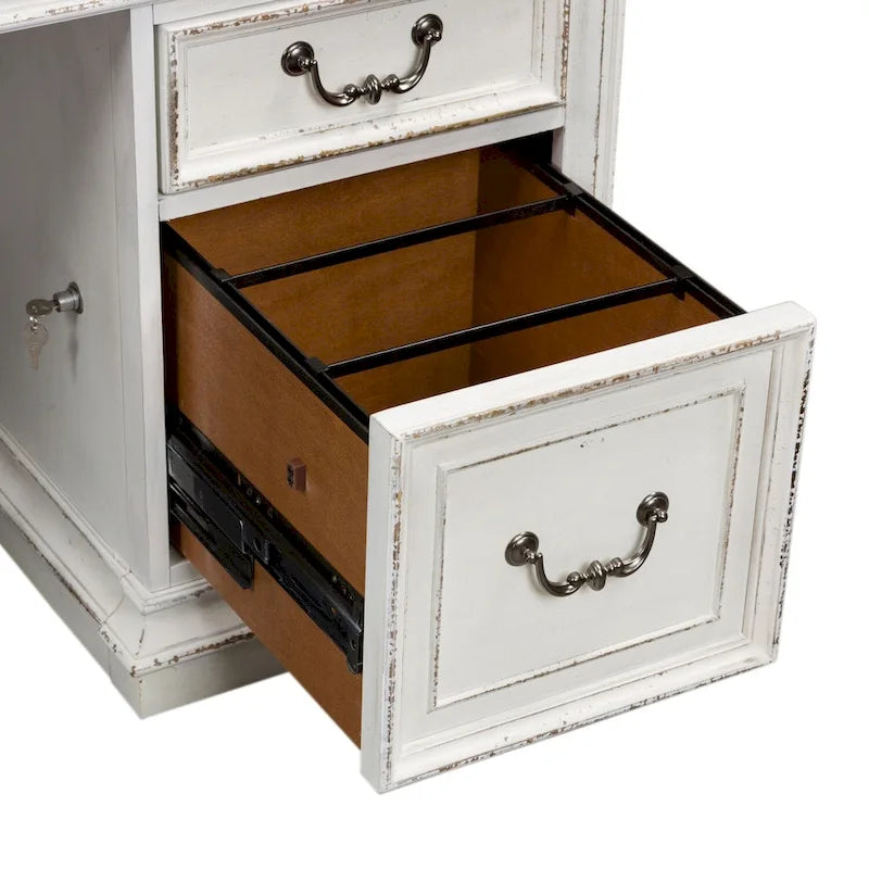 Bureau de direction antique blanc vieilli avec tiroirs et tablette coulissante pour clavier