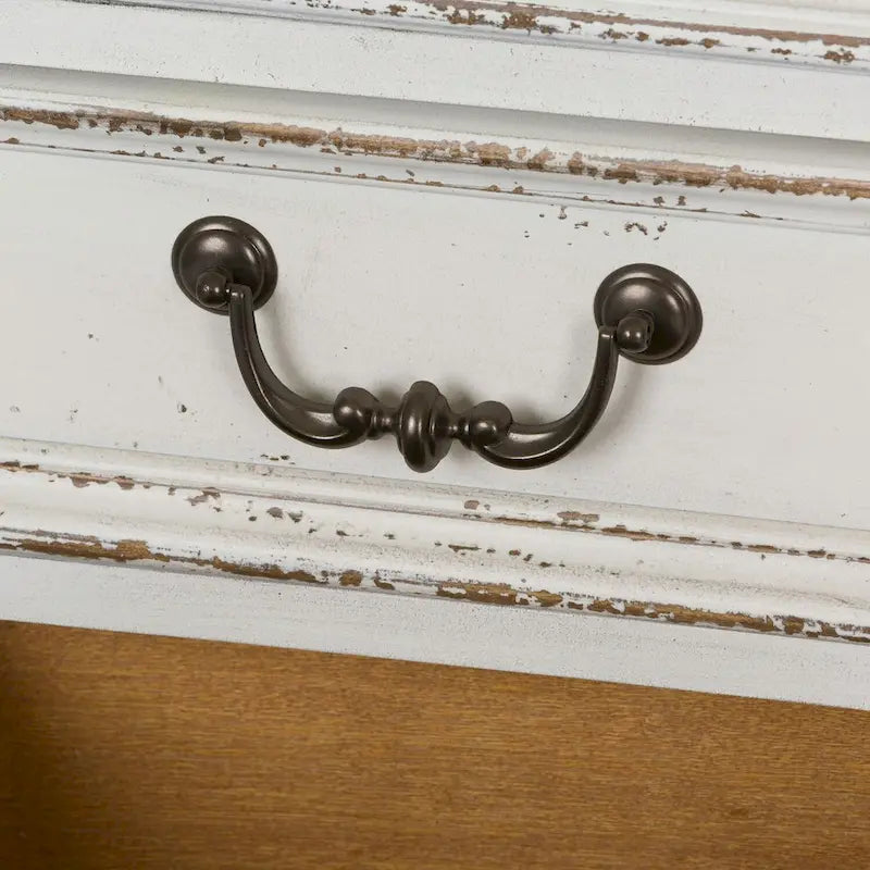 Bureau de direction antique blanc vieilli avec tiroirs et tablette coulissante pour clavier