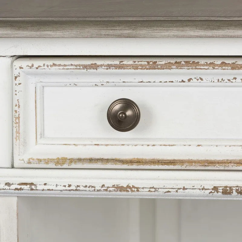 Bureau de direction antique blanc vieilli avec tiroirs et tablette coulissante pour clavier