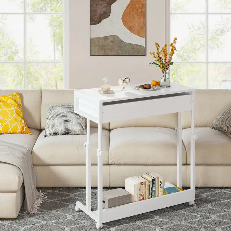 Table d'appoint roulante à hauteur réglable avec tiroir et étagère inférieure, Blanc Marron Gris