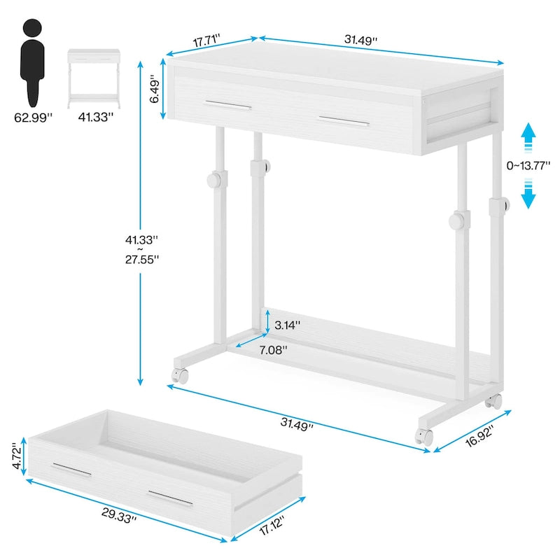 Table d'appoint roulante à hauteur réglable avec tiroir et étagère inférieure, Blanc Marron Gris