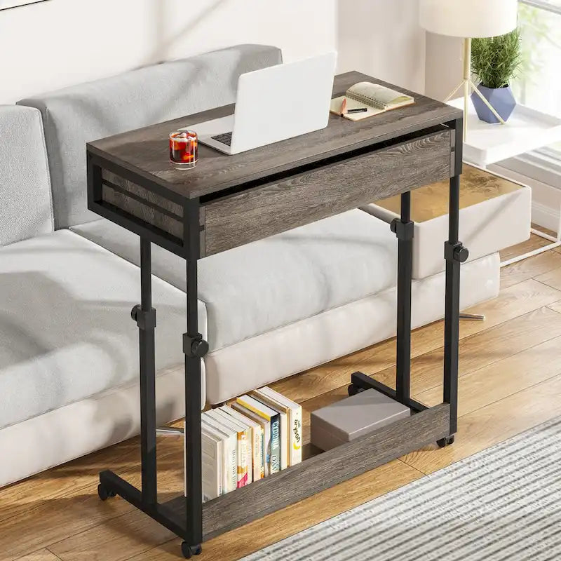 Table d'appoint roulante à hauteur réglable avec tiroir et étagère inférieure, Blanc Marron Gris