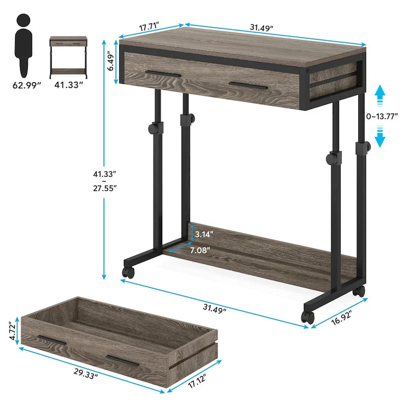 Table d'appoint roulante à hauteur réglable avec tiroir et étagère inférieure, Blanc Marron Gris