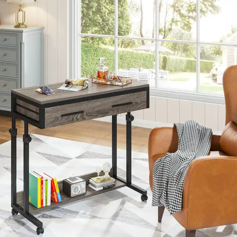 Table d'appoint roulante à hauteur réglable avec tiroir et étagère inférieure, Blanc Marron Gris