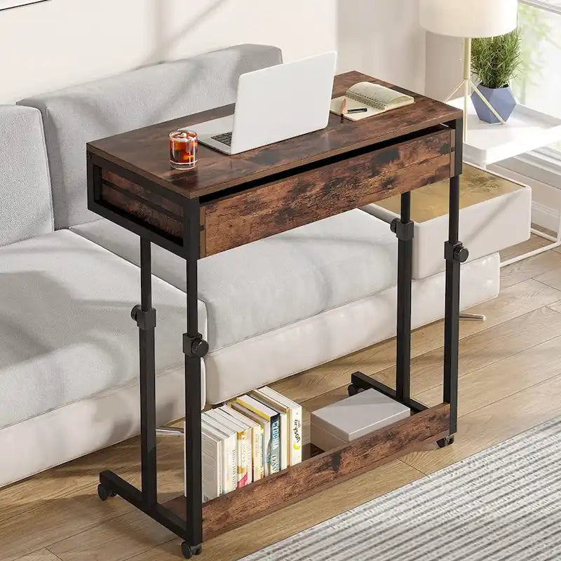 Table d'appoint roulante à hauteur réglable avec tiroir et étagère inférieure, Blanc Marron Gris