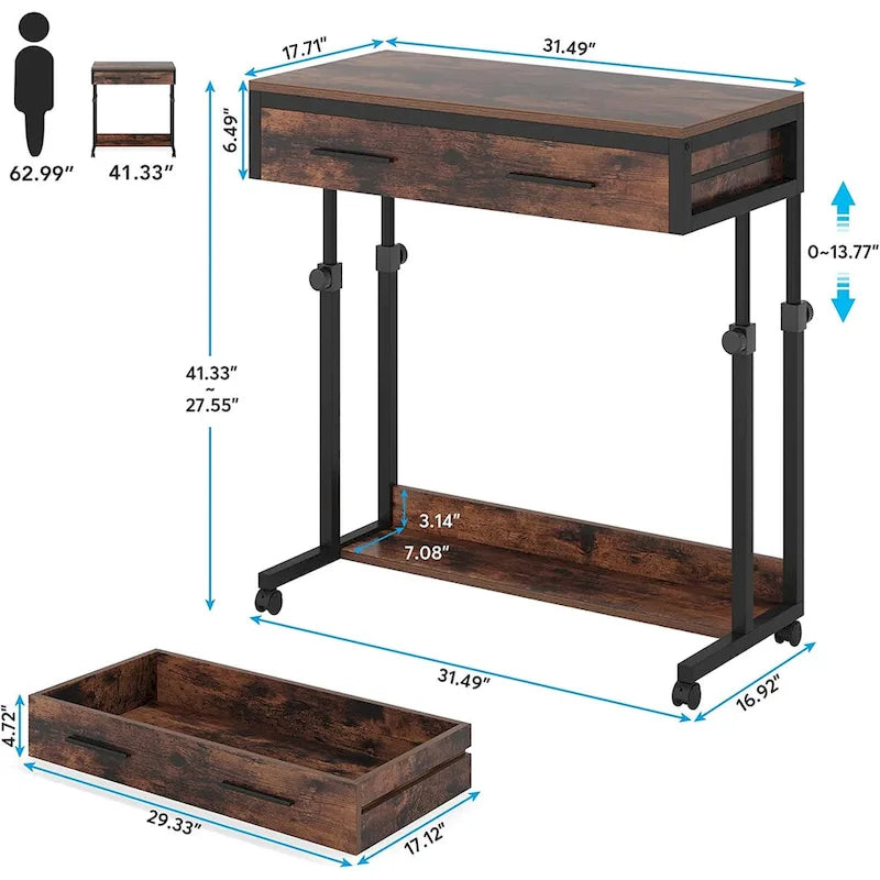 Table d'appoint roulante à hauteur réglable avec tiroir et étagère inférieure, Blanc Marron Gris