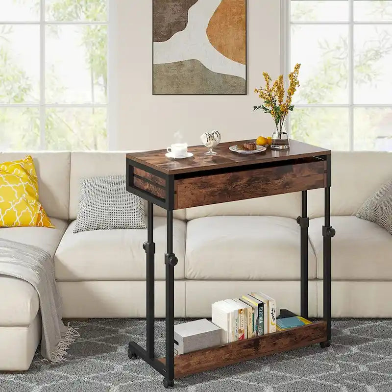 Table d'appoint roulante à hauteur réglable avec tiroir et étagère inférieure, Blanc Marron Gris