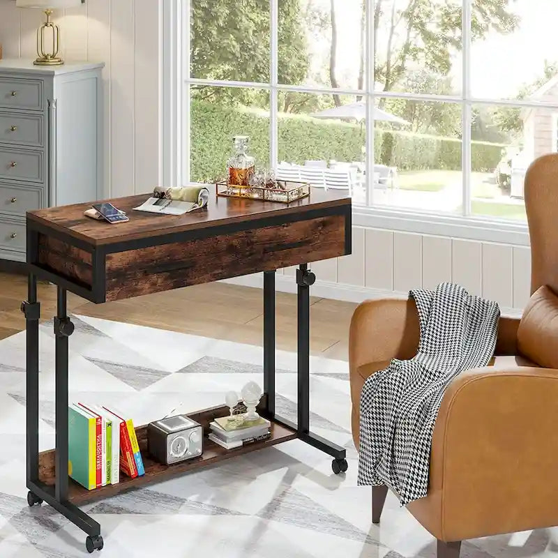 Table d'appoint roulante à hauteur réglable avec tiroir et étagère inférieure, Blanc Marron Gris