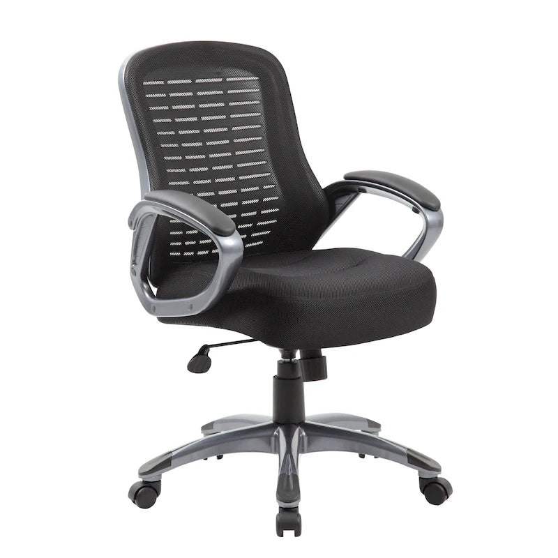 Fauteuil de bureau noir en maille côtelée à dossier haut avec support lombaire et accoudoirs en boucle