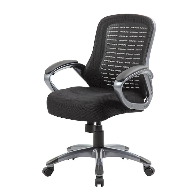 Fauteuil de bureau noir en maille côtelée à dossier haut avec support lombaire et accoudoirs en boucle