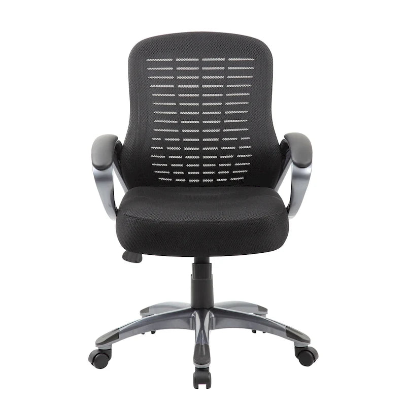 Fauteuil de bureau noir en maille côtelée à dossier haut avec support lombaire et accoudoirs en boucle
