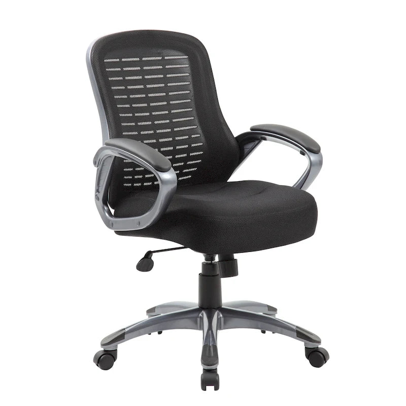 Fauteuil de bureau noir en maille côtelée à dossier haut avec support lombaire et accoudoirs en boucle
