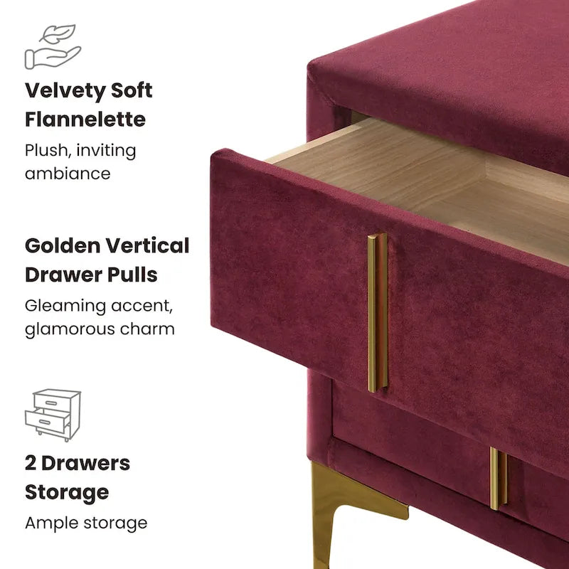 Table de chevet en flanelle 2 tiroirs style Glam Art Déco avec pieds finition dorée