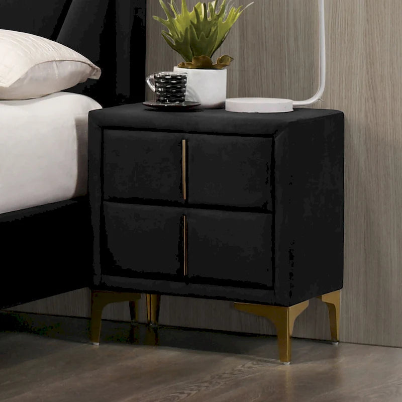 Table de chevet en flanelle 2 tiroirs style Glam Art Déco avec pieds finition dorée