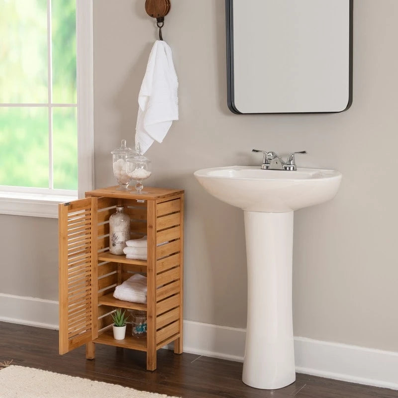 Meuble de rangement de salle de bain à poser en bambou massif naturel avec une porte
