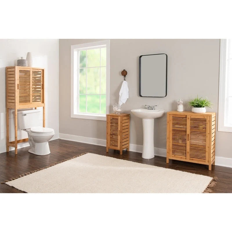 Meuble de rangement de salle de bain à poser en bambou massif naturel avec une porte