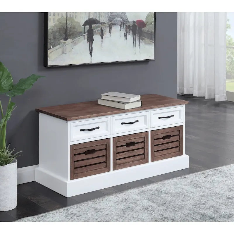 Banc de rangement avec 3 tiroirs et 3 paniers en bois, blanc et marron