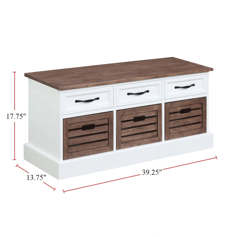Banc de rangement avec 3 tiroirs et 3 paniers en bois, blanc et marron