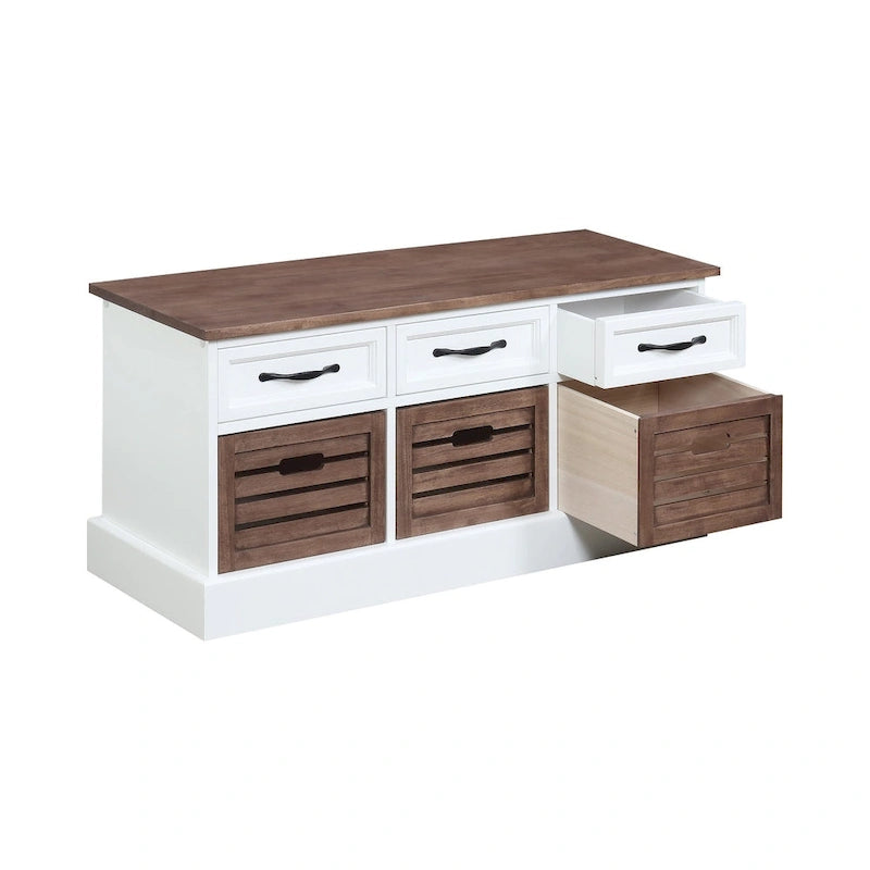 Banc de rangement avec 3 tiroirs et 3 paniers en bois, blanc et marron
