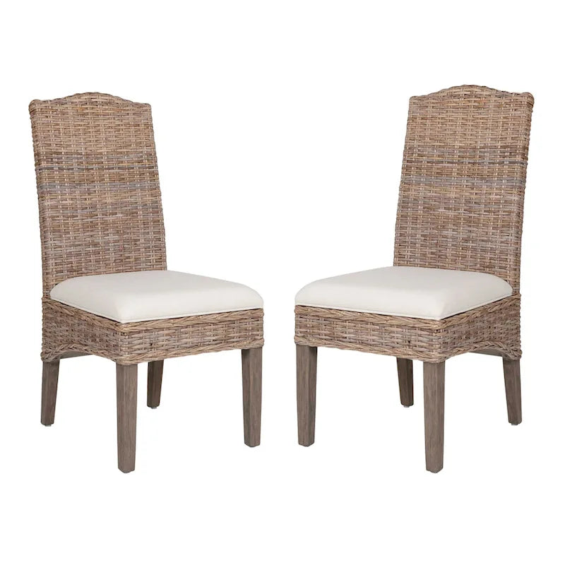 Chaise de salle à manger en rotin naturel tressé à la main avec coussin crème et pieds en acajou