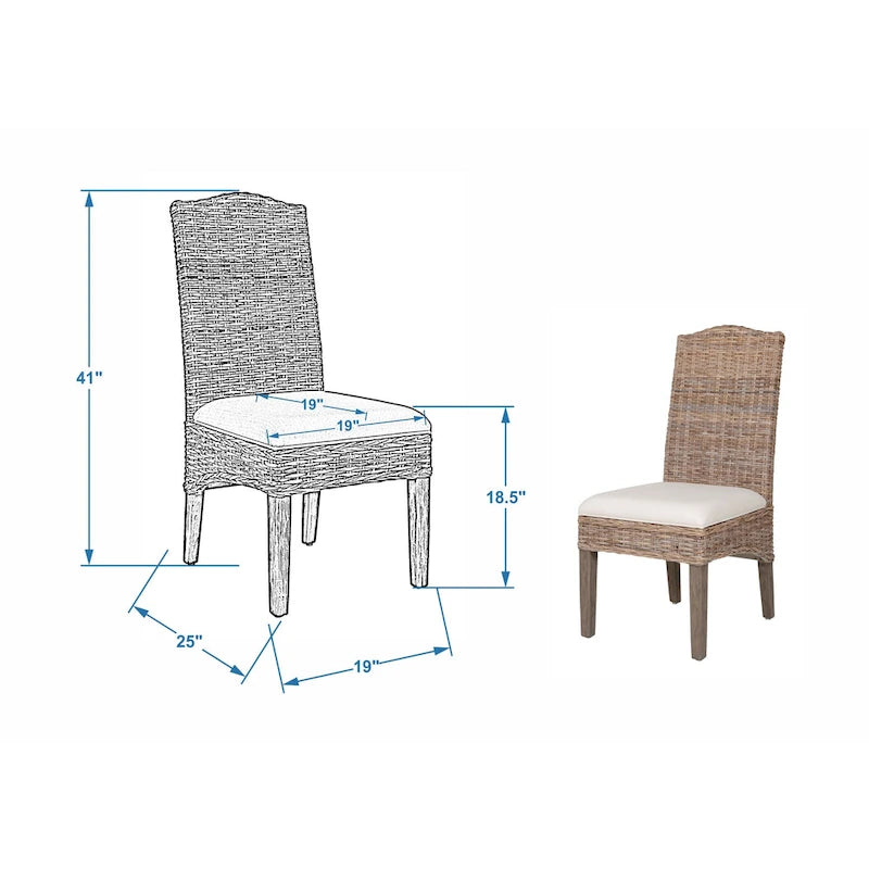 Chaise de salle à manger en rotin naturel tressé à la main avec coussin crème et pieds en acajou