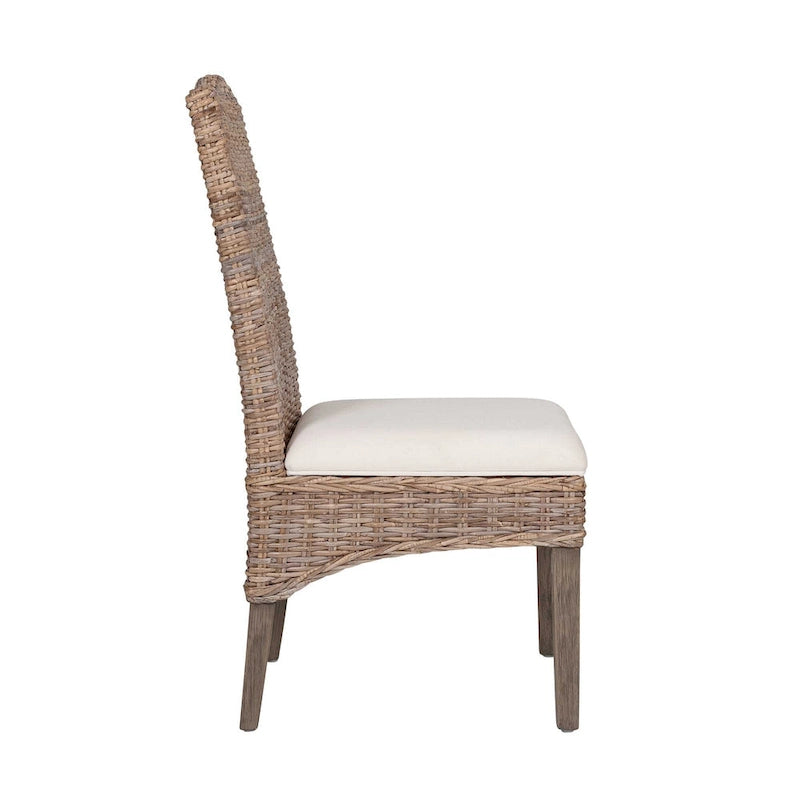Chaise de salle à manger en rotin naturel tressé à la main avec coussin crème et pieds en acajou