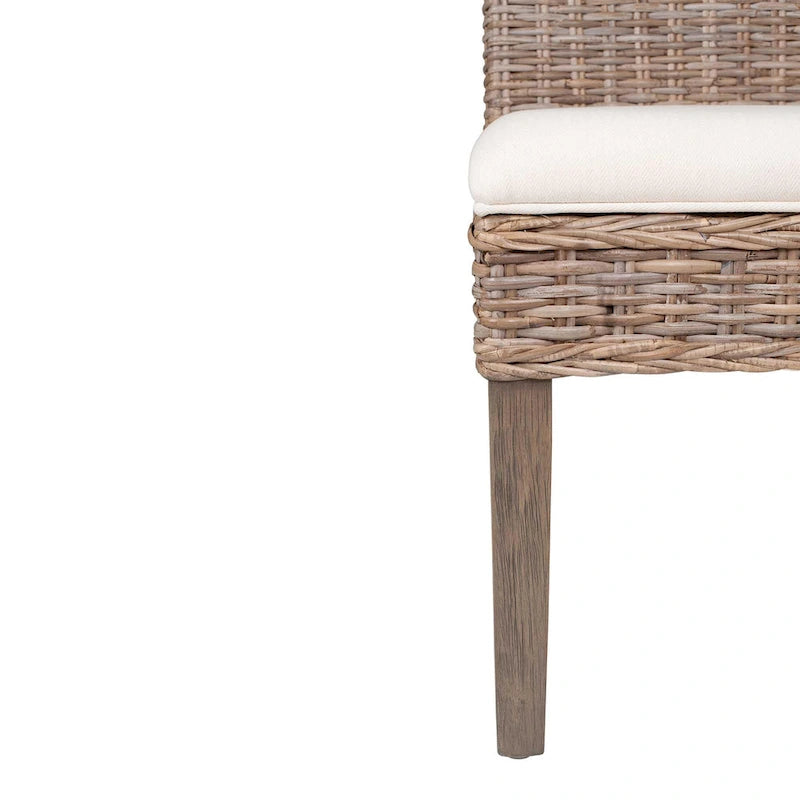 Chaise de salle à manger en rotin naturel tressé à la main avec coussin crème et pieds en acajou