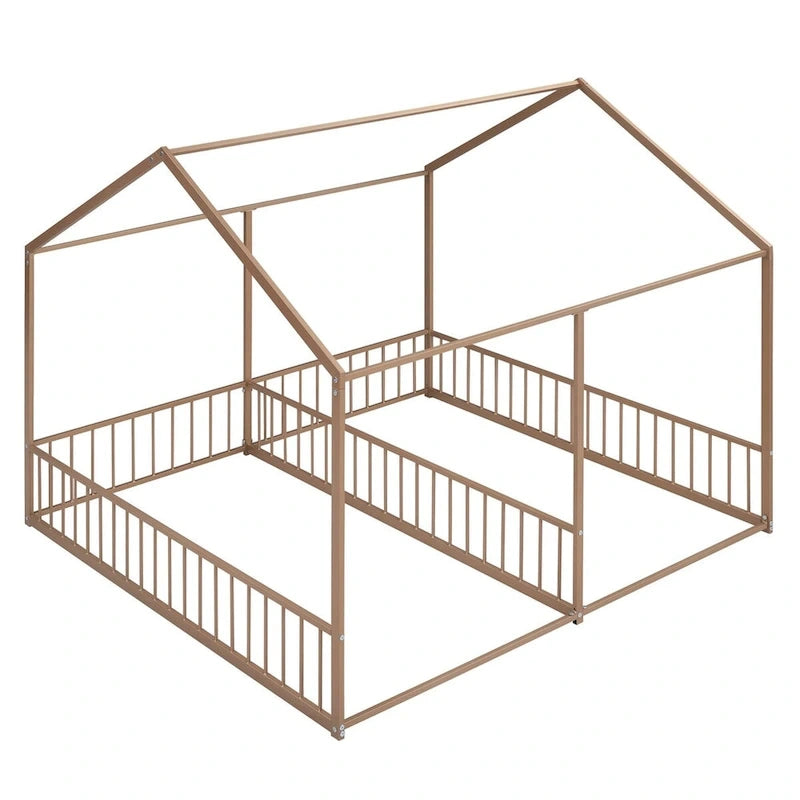 Lit plateforme en forme de maison en métal avec barrières de sécurité Noir et or