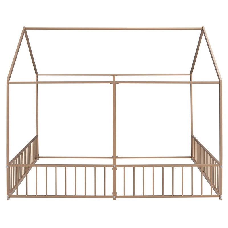 Lit plateforme en forme de maison en métal avec barrières de sécurité Noir et or