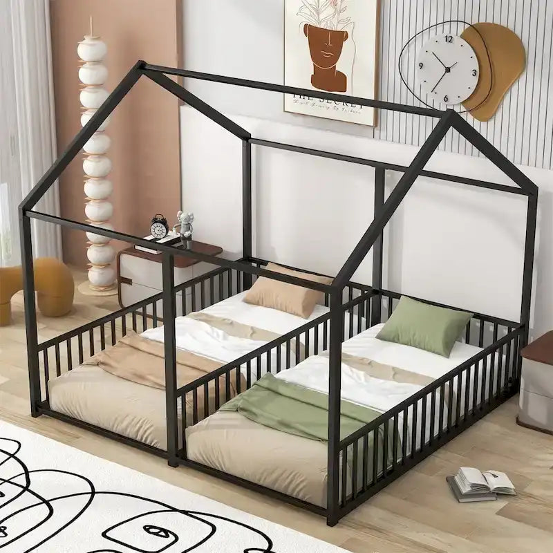 Lit plateforme en forme de maison en métal avec barrières de sécurité Noir et or