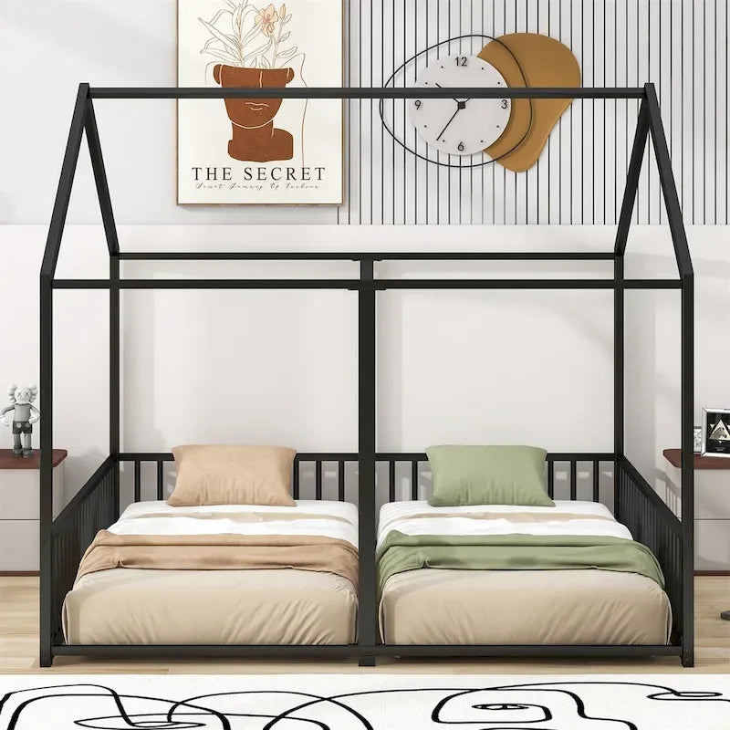 Lit plateforme en forme de maison en métal avec barrières de sécurité Noir et or