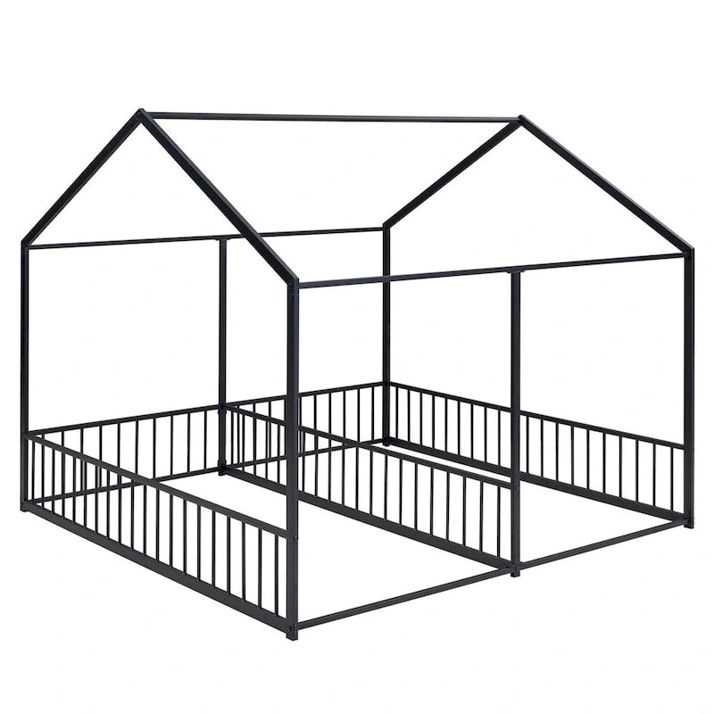 Lit plateforme en forme de maison en métal avec barrières de sécurité Noir et or