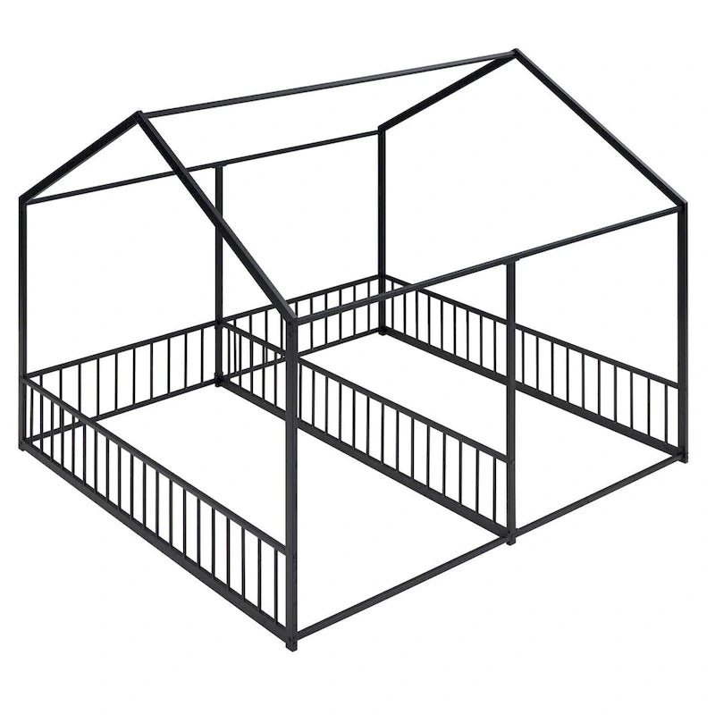 Lit plateforme en forme de maison en métal avec barrières de sécurité Noir et or
