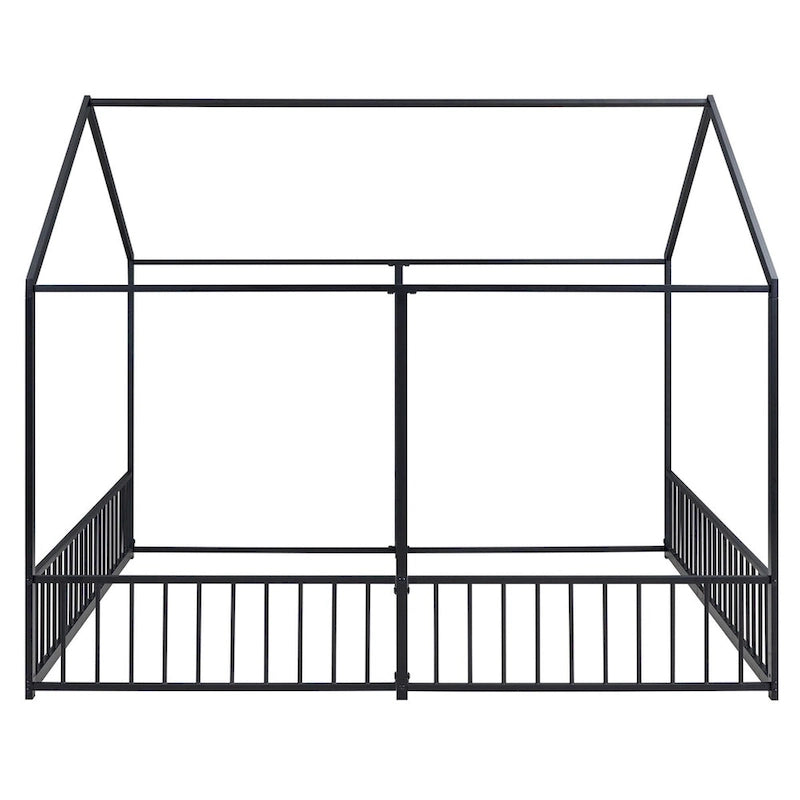 Lit plateforme en forme de maison en métal avec barrières de sécurité Noir et or