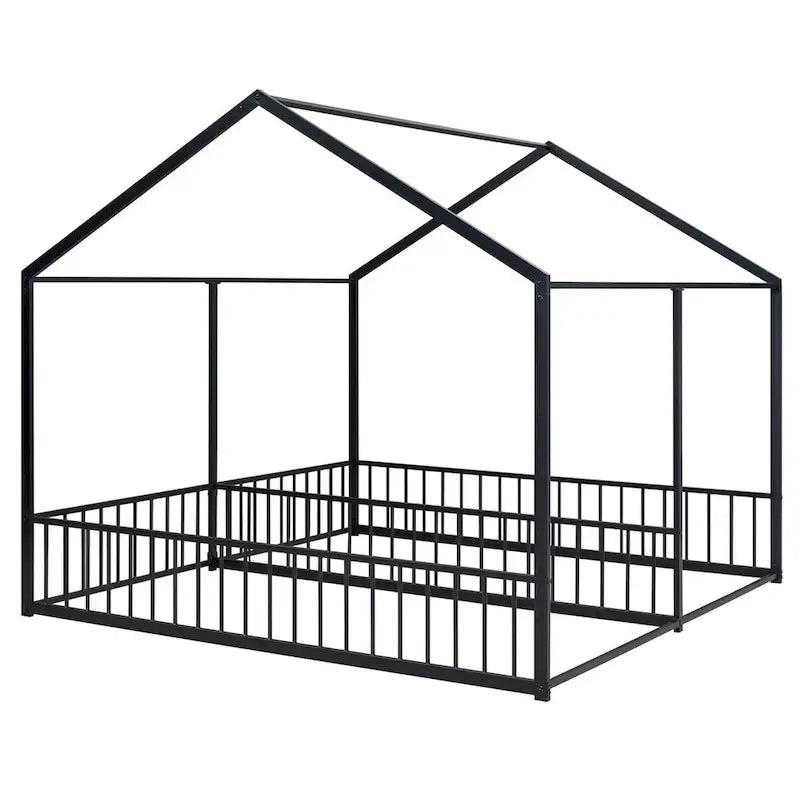 Lit plateforme en forme de maison en métal avec barrières de sécurité Noir et or