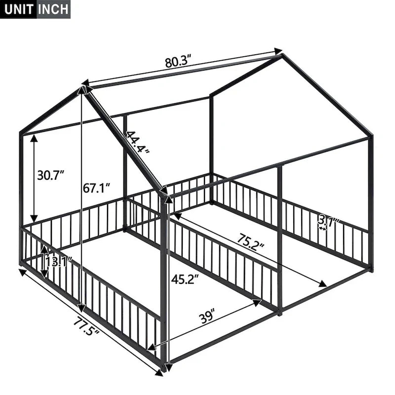 Lit plateforme en forme de maison en métal avec barrières de sécurité Noir et or
