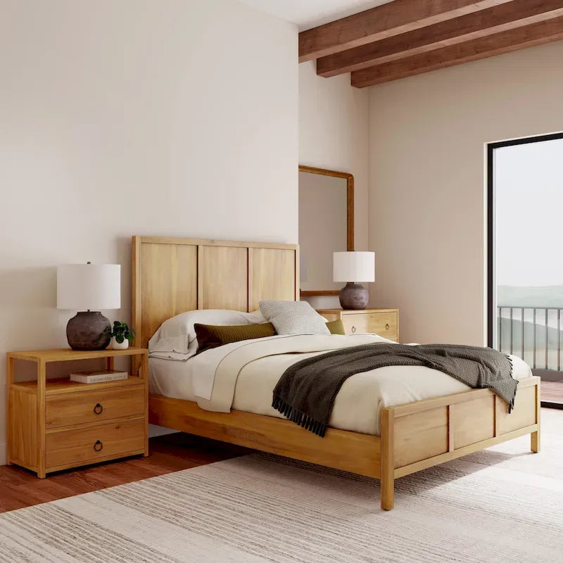 Lit à panneaux de style Shaker en pin naturel avec tête de lit en bois massif Trois coloris au choix