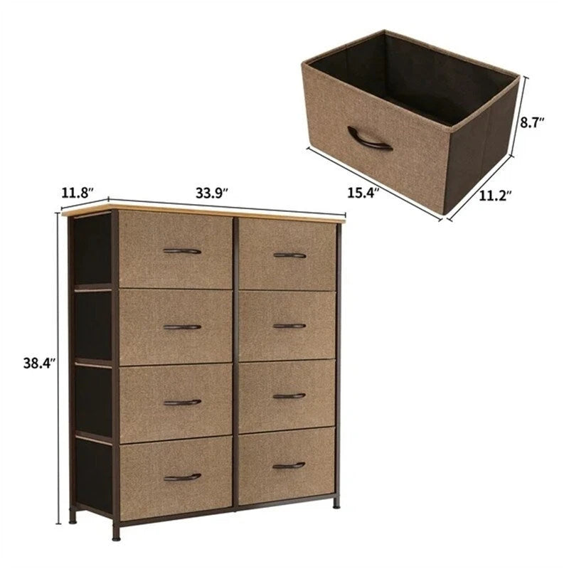 Commode en tissu à 8 tiroirs avec plateau en bois, organisateur de rangement marron, noir et gris
