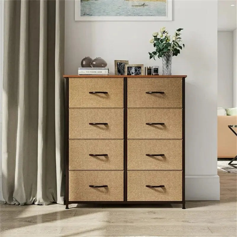 Commode en tissu à 8 tiroirs avec plateau en bois, organisateur de rangement marron, noir et gris