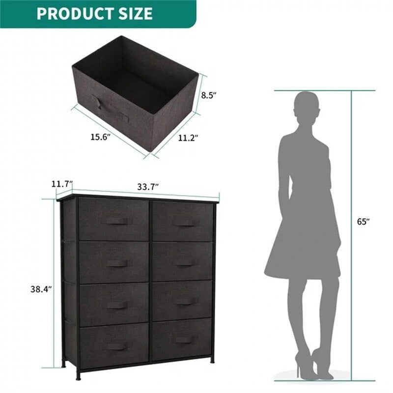 Commode en tissu à 8 tiroirs avec plateau en bois, organisateur de rangement marron, noir et gris