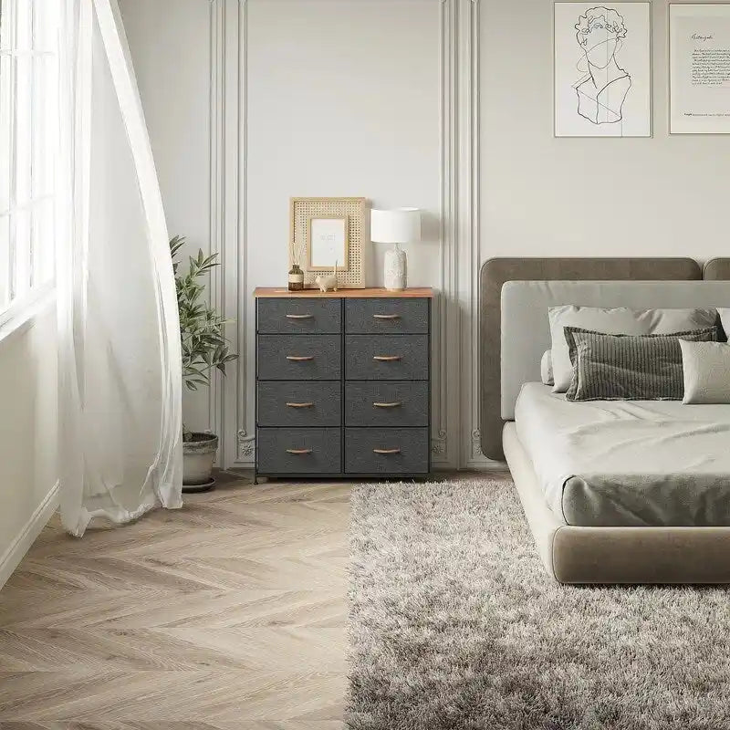 Commode en tissu à 8 tiroirs avec plateau en bois, organisateur de rangement marron, noir et gris