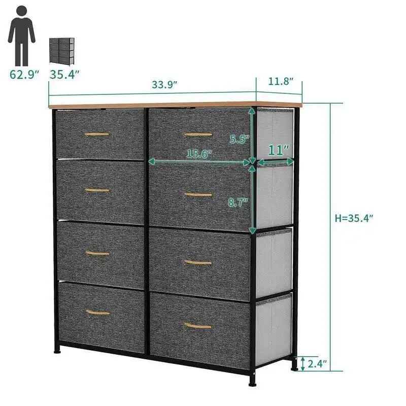 Commode en tissu à 8 tiroirs avec plateau en bois, organisateur de rangement marron, noir et gris
