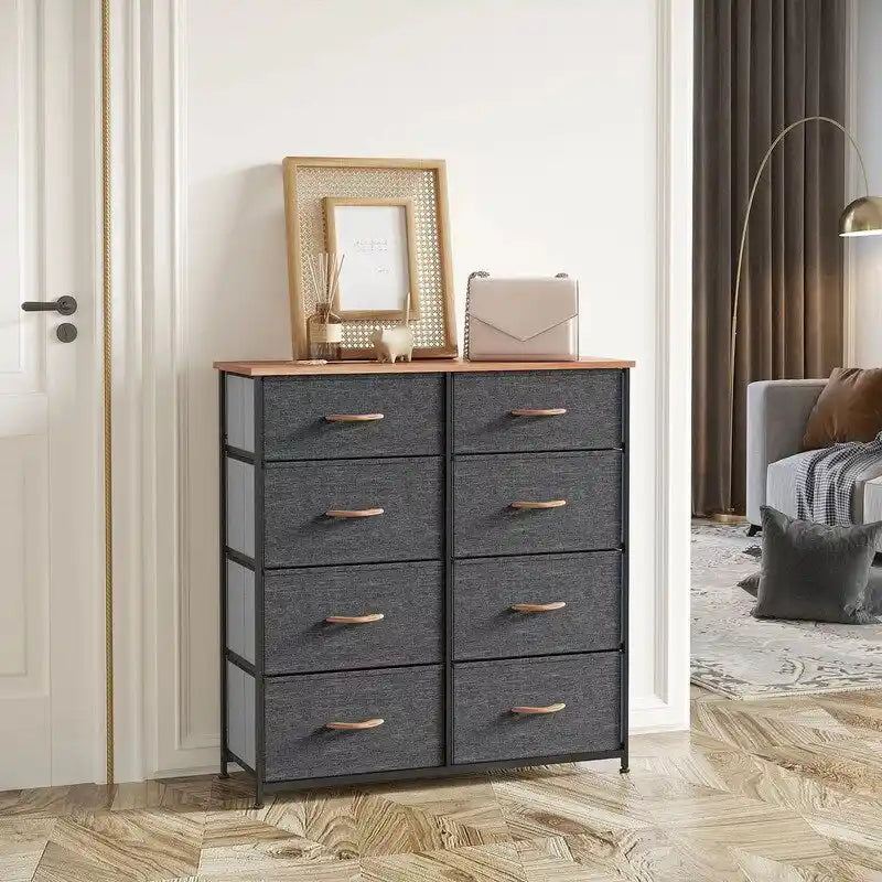 Commode en tissu à 8 tiroirs avec plateau en bois, organisateur de rangement marron, noir et gris