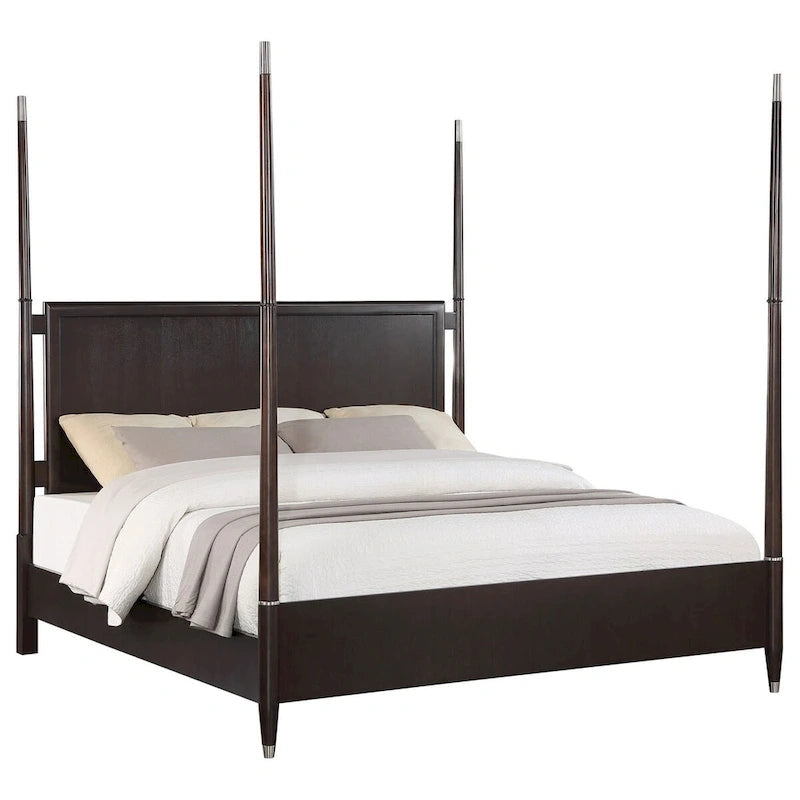 Lit Queen Size à Baldaquin Tête de lit Flottante Pied de lit Bas Marron Foncé Chrome