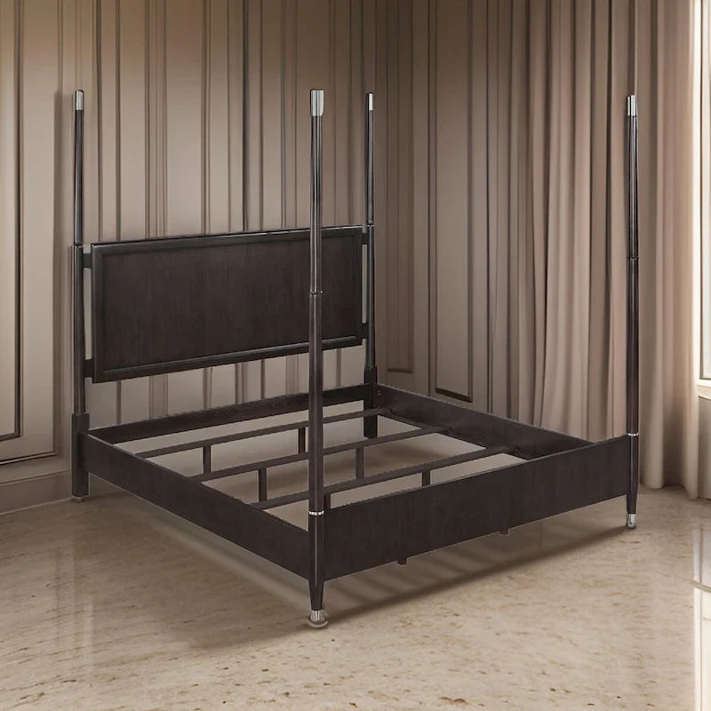Lit Queen Size à Baldaquin Tête de lit Flottante Pied de lit Bas Marron Foncé Chrome