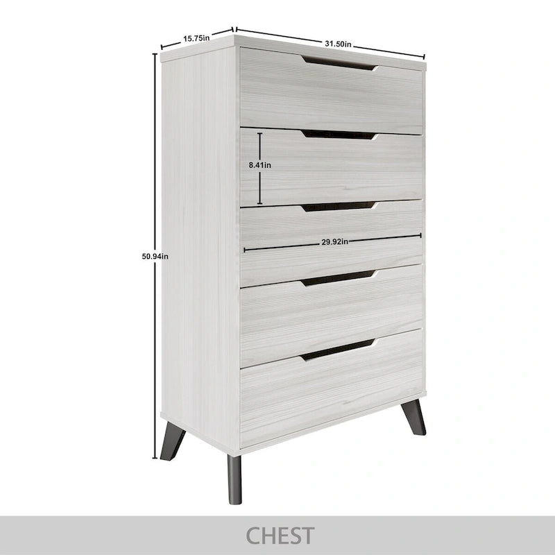 Commode de rangement à 5 tiroirs en bois massif gris clair gris foncé