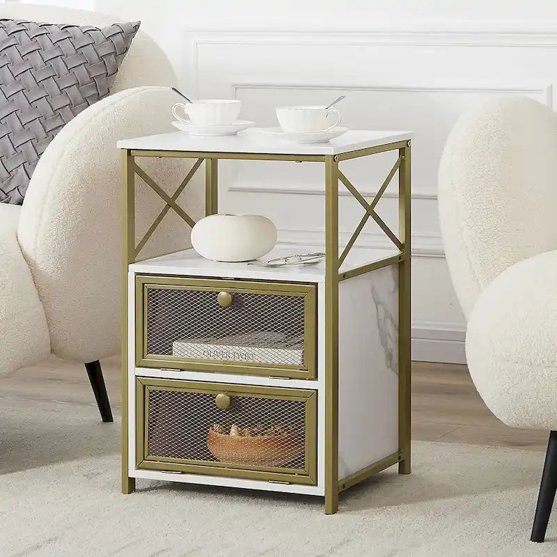 Table de chevet industrielle avec 2 tiroirs en maille et étagère ouverte marron rustique