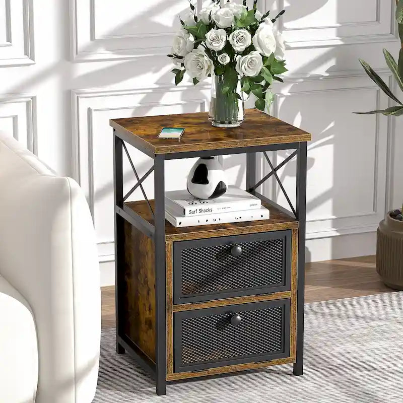 Table de chevet industrielle avec 2 tiroirs en maille et étagère ouverte marron rustique