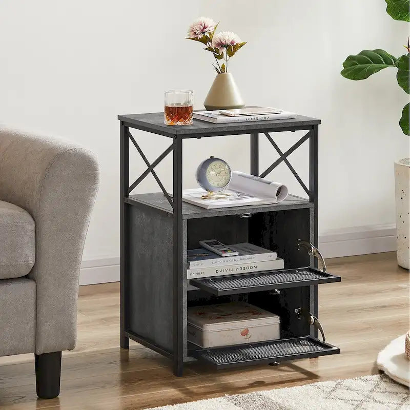Table de chevet industrielle avec 2 tiroirs en maille et étagère ouverte marron rustique